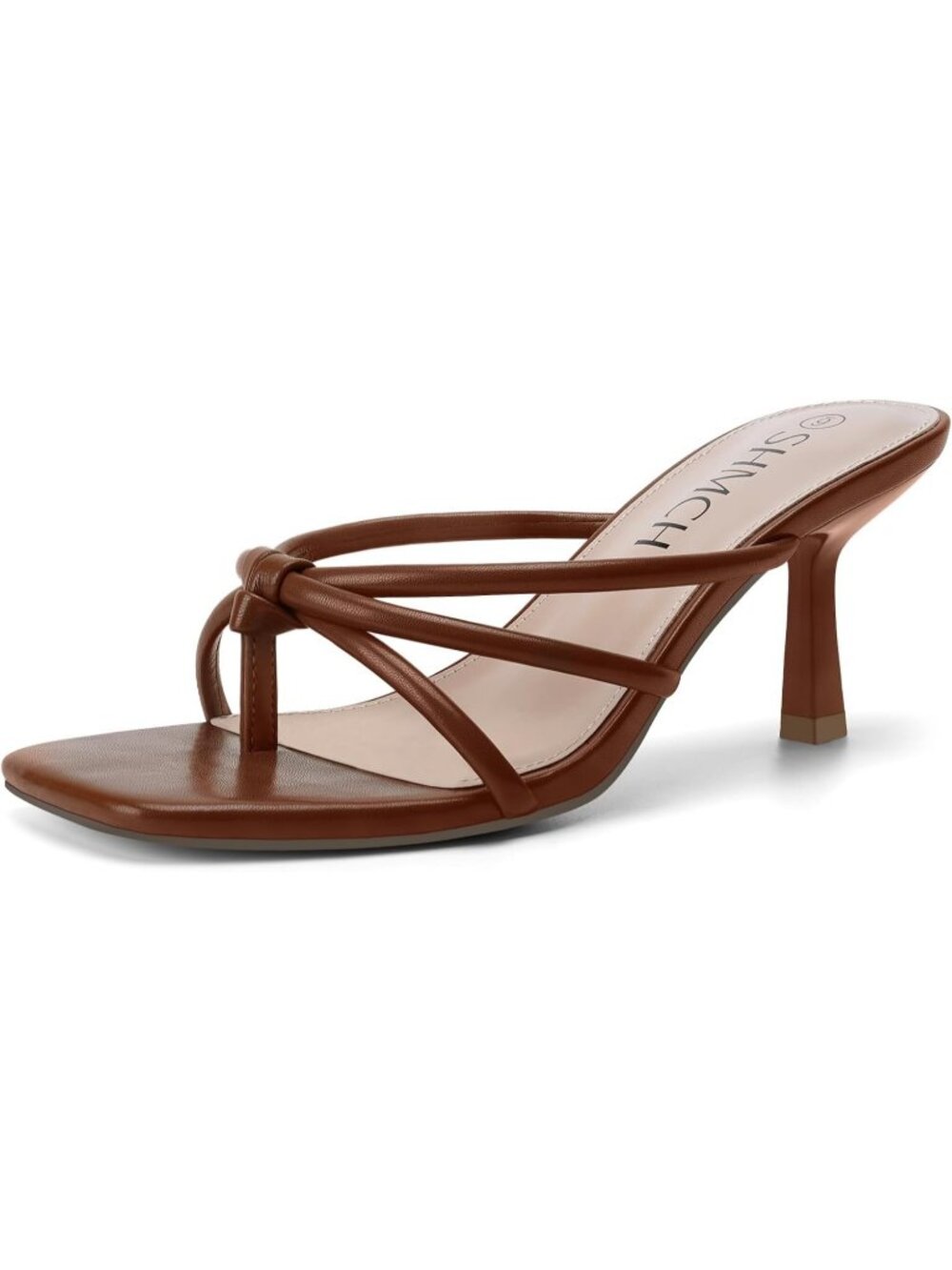 Women's Brown Summer Comfortable Square Toe Strappy Thong Slip On Mule Heels